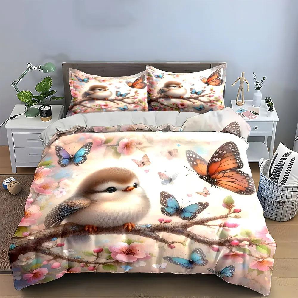 Cute Bird and Butterflies Decor Set Multiple Sizes Kid's and Adults' Bedroom Exquisite 3PC Bedding Set Gift