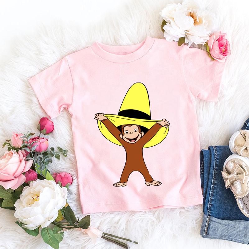 T-shirt Kawaii per bambine Stampa cartone animato Scimmietta Curious George Abbigliamento per bambini T-shirt estive T-shirt per bambine Top rosa a maniche corte