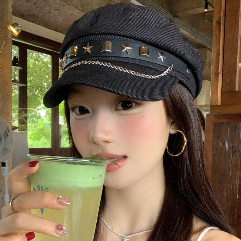 Cloth Denim Octagonal Hat Korean Style Retro Painter Hat Fashion Rivet Denim Beret  Travel