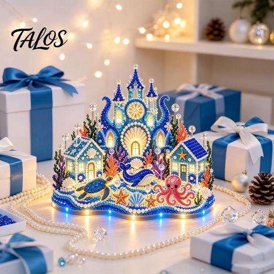 Handmade Desk Decor 3D Ocean Village Diamond Painting DIY Kit for Adults, Castle Art Craft Marine Life Projects Set, Rhinestone Mosaic Decoration Home