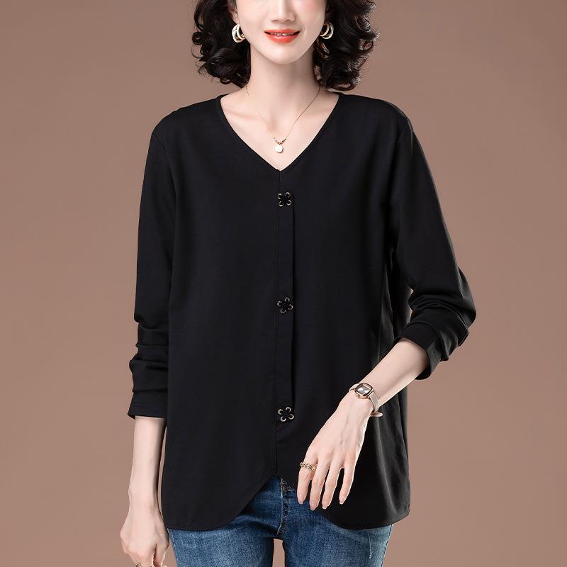 

Women’s Plus Size V-Neck Long Sleeve Shirt – Loose Fit for Spring & Autumn, Slimming Design for Middle-Aged & Elderly XXL