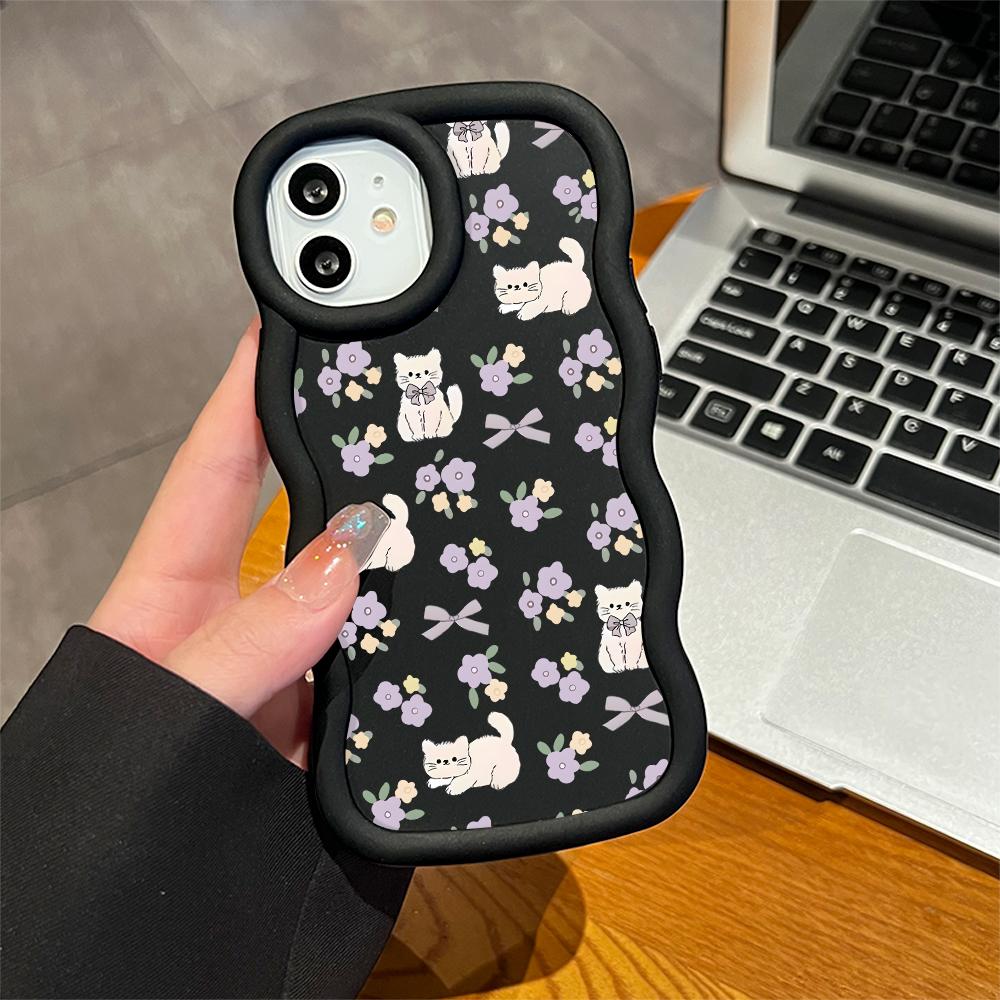For Infinix Hot 40i 30i Smart 8 OPPO A18 A38 A58 A60 A78 Reno12 FS Vivo Y18 Y28 Y36 Y22s Y17s Soft Wave Edge Cute Flower Kitty Pattern Phone Case