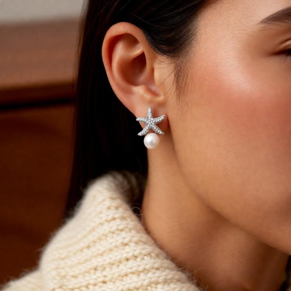 Crystal Starfish Pearl Stud Earrings Ocean Style Starfish Starfish Ear Studs  Women