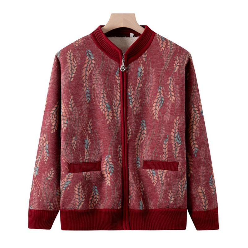 Mom's Autumn and Winter New Fleece Cardigan Medium Grandma Thickened Top Cardigan Knitted Sweater for the Elderly