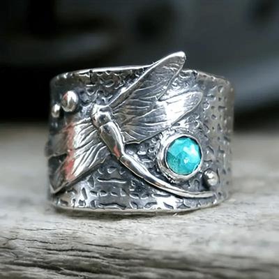 Exquisite Dragonfly Retro Wide Ring, Natural Stone Inlay, Tungsten Steel, Bohemian Style, Dainty Party Accessory for Daily Use, with Blue Gemstone
