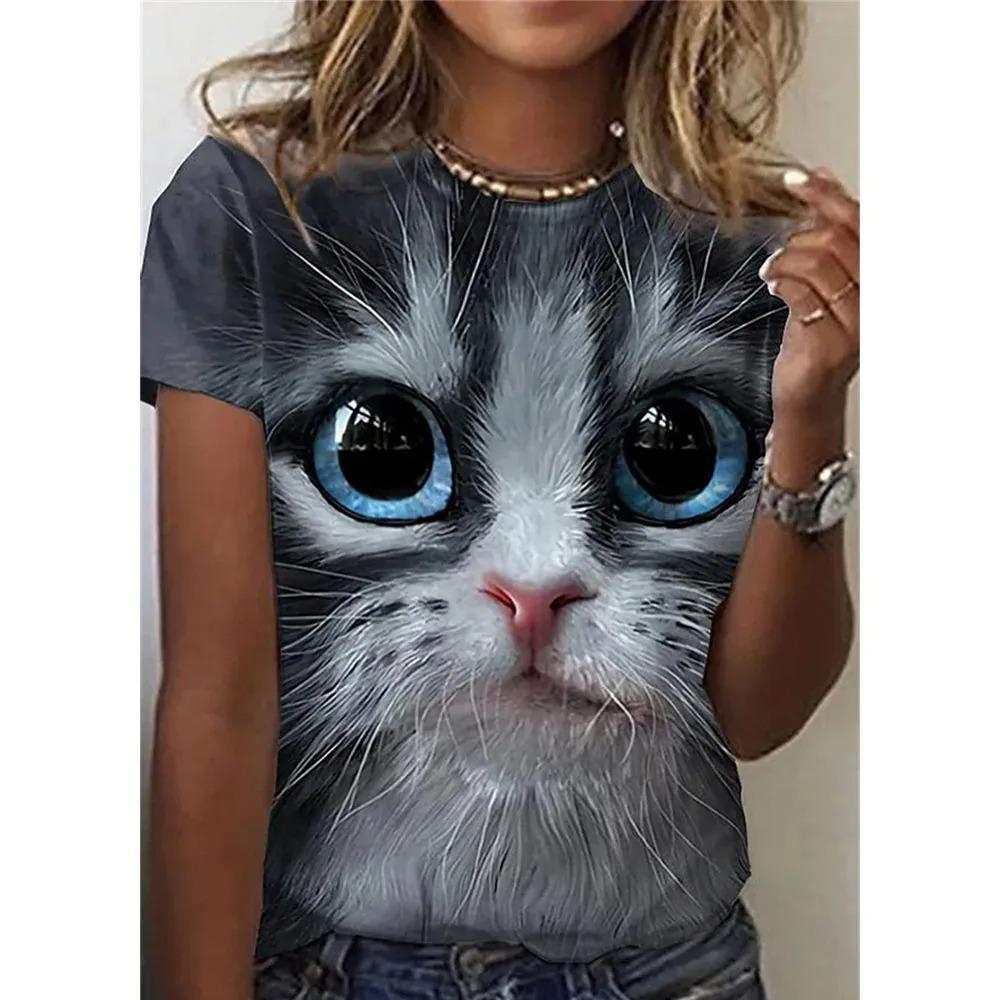Women 3d Cute Cat Print Fashion Y2k Tops Kawaii Oversized Summer O-Neck Top