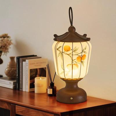 Song's Aesthetic Bedside Lamp: Hand-Painted Fabric, Retro Chinese Style, Solid Wood, Rechargeable Desk Lamp for Home Decor.