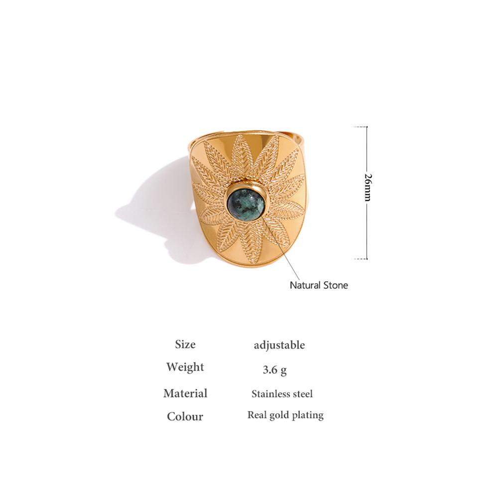 Yhpup Stainless Steel Flower Leaves Ring for Women Green Natural Stone Opening Rope Ring bague acier inoxydable Accessories Gift