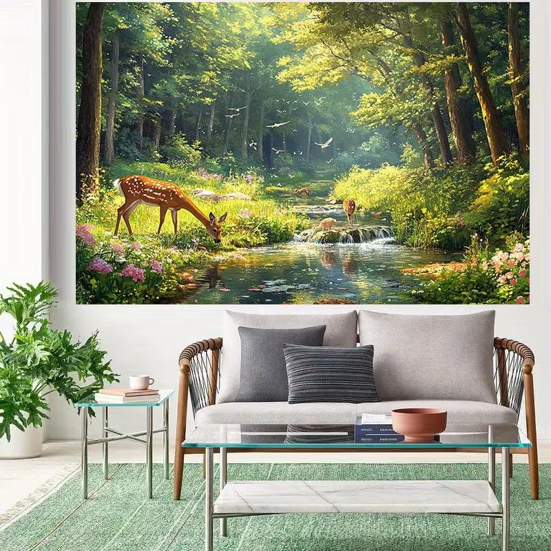 Tapiz de Fondo de Ciervo en Bosque Encantado 2D - Paisaje Natural con Ciervos Sika para Decoración Estética de Habitación