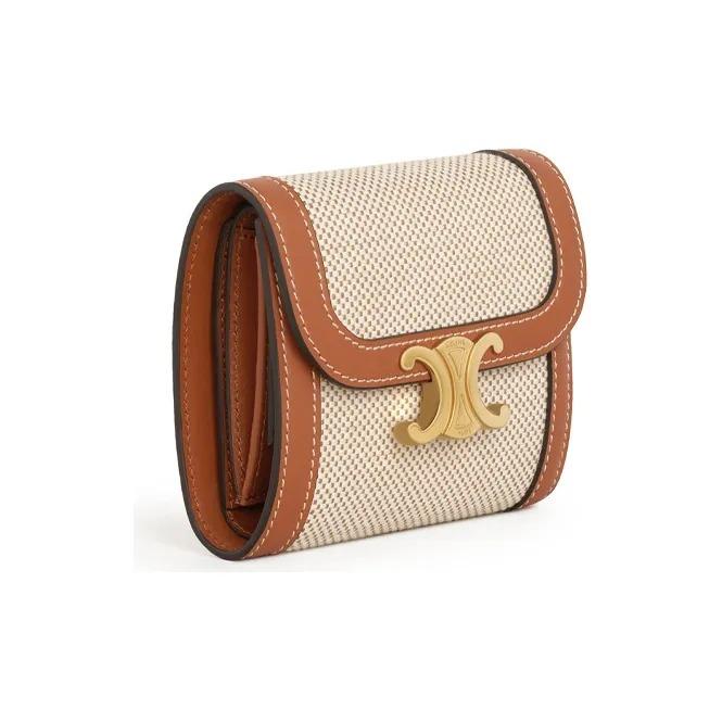 CELINE Triomphe Gold Buckle Foldover Canvas and Leather Wallet for Women Beige/Brown