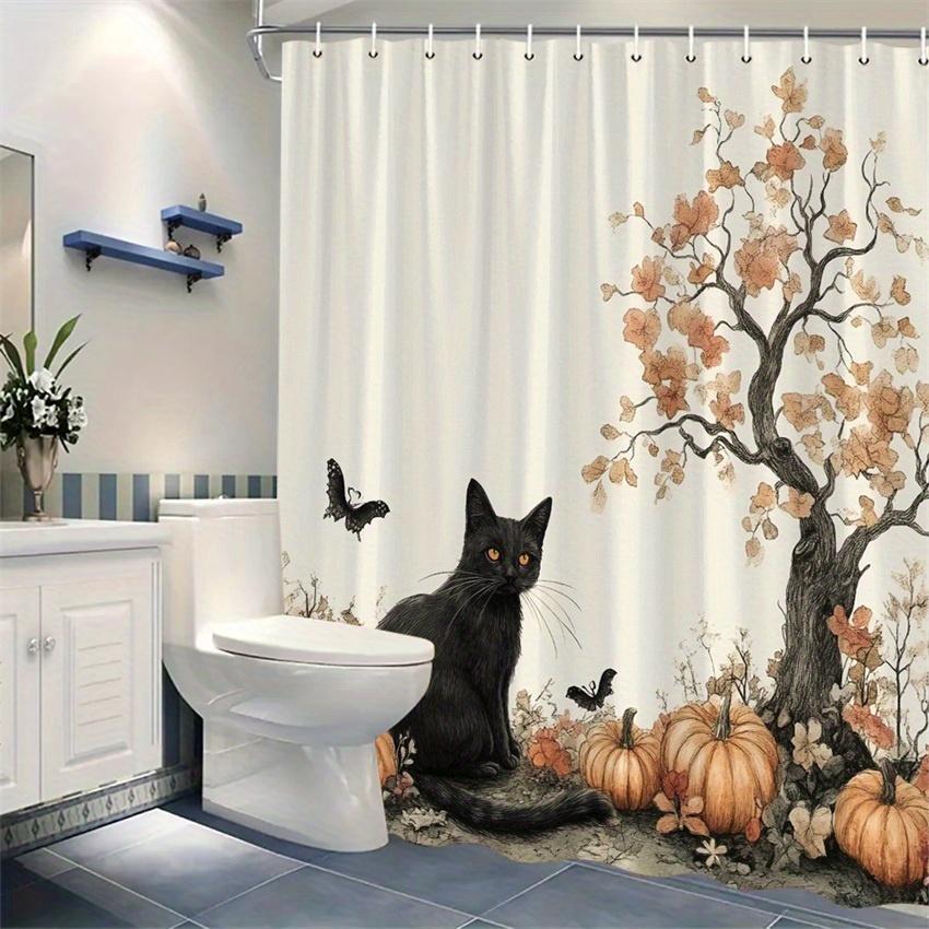 1Pc Whimsical Black Cat Pumpkin Shower Curtain - Polyester Fabric, Machine Washable, Suitable For Bathroom Decor