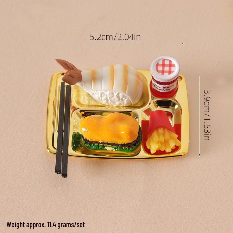 Miniature Dollhouse Accessories: Hamburger, Shrimp Tail, Fries, Fried Chicken Meal with Tray and Chopsticks