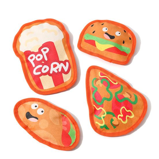 Hamburger Dog Chew Toy with Squeaker Pizza Hot Dog Popcorn Sausage Teething Cleaning Toy Interactive Toy for Small Medium Large