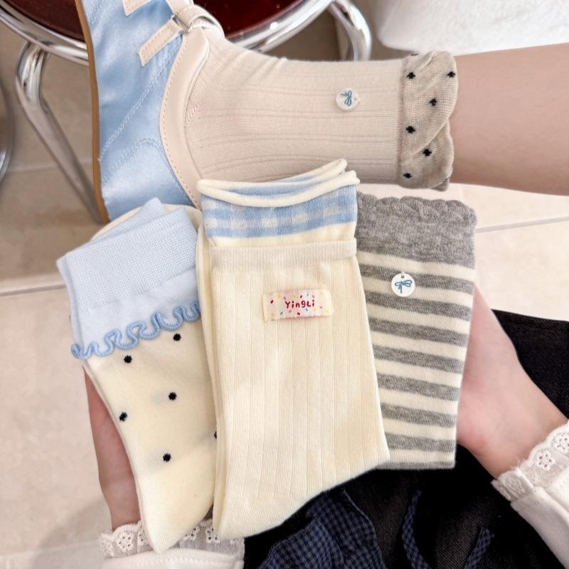 Rainbow Cloth Label Shell Bow Polka Dot Socks for Women, Grey and Blue Striped Black Ear-trimmed Mid-calf Pile Socks
