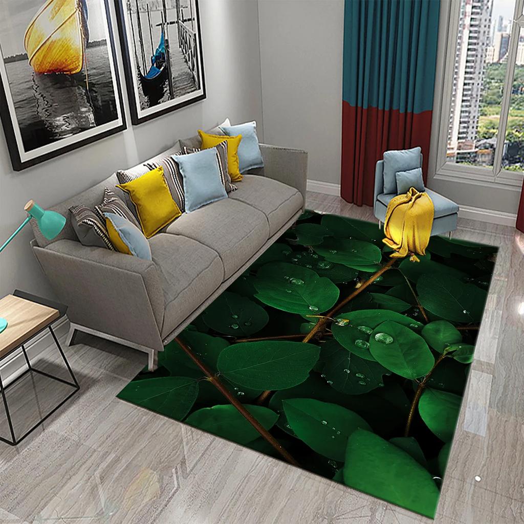 Green Leaves Carpet Natural Landscape Rug Black Rectangle Area Rugs for Adults Yoga Mats Bedroom Living Room Decor Soft Door Mat