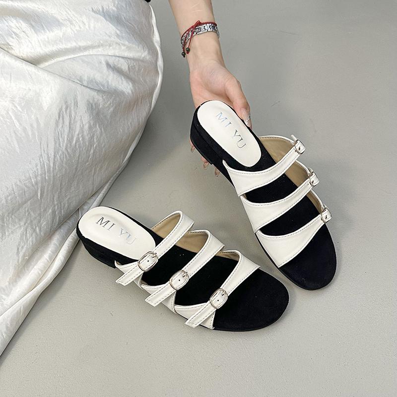 

Fashion Summer New Style Women Fashion Belt Buckle Flat Casual Outdoor Sandals Beach Thick Bottom Leather Slippers Metal Buckle Slippers 35 абрикосовый