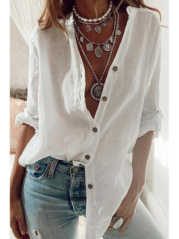 2020 Autumn Women's Loose V-Neck Long-Sleeve Cotton Top with Roll-Up Sleeves