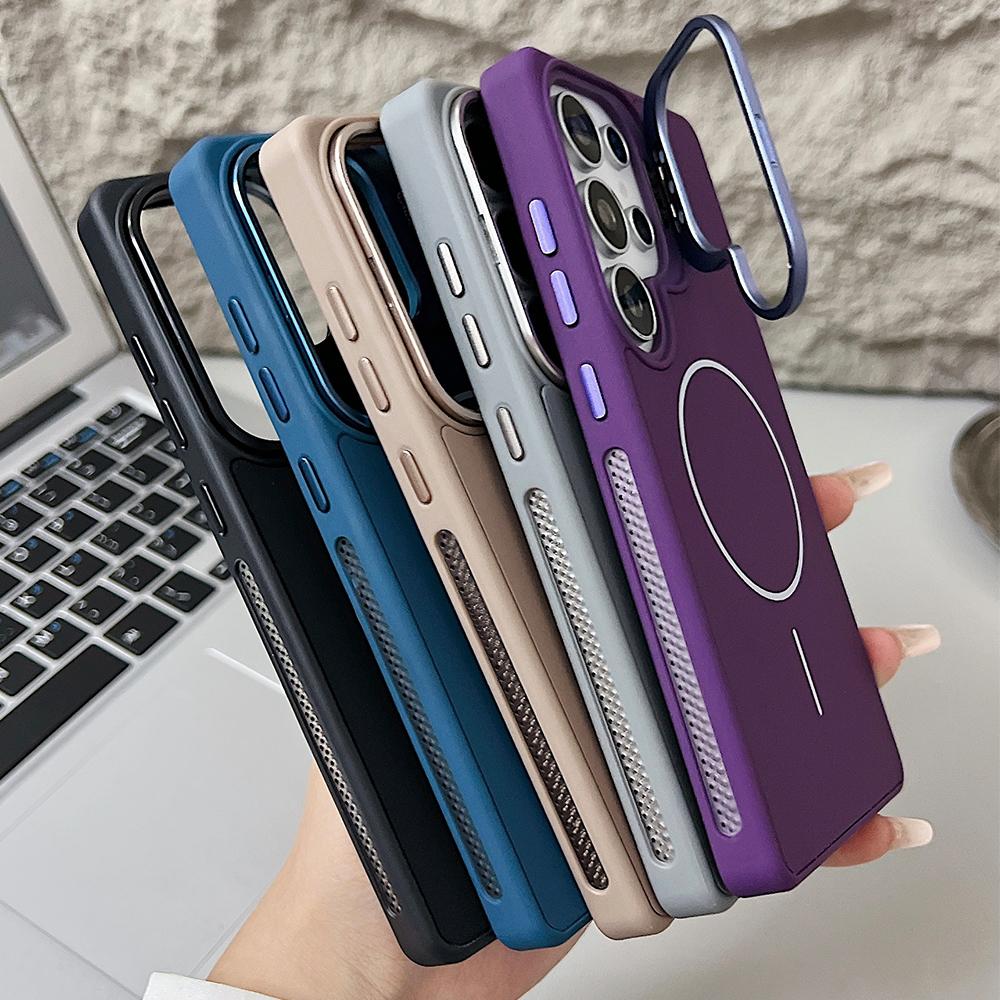 Desert Titanium Gold Lens Frame Holder Magnetic Silicone Case for Samsung Galaxy S25 S24 Ultra Magsafe Charging Soft Back Cover