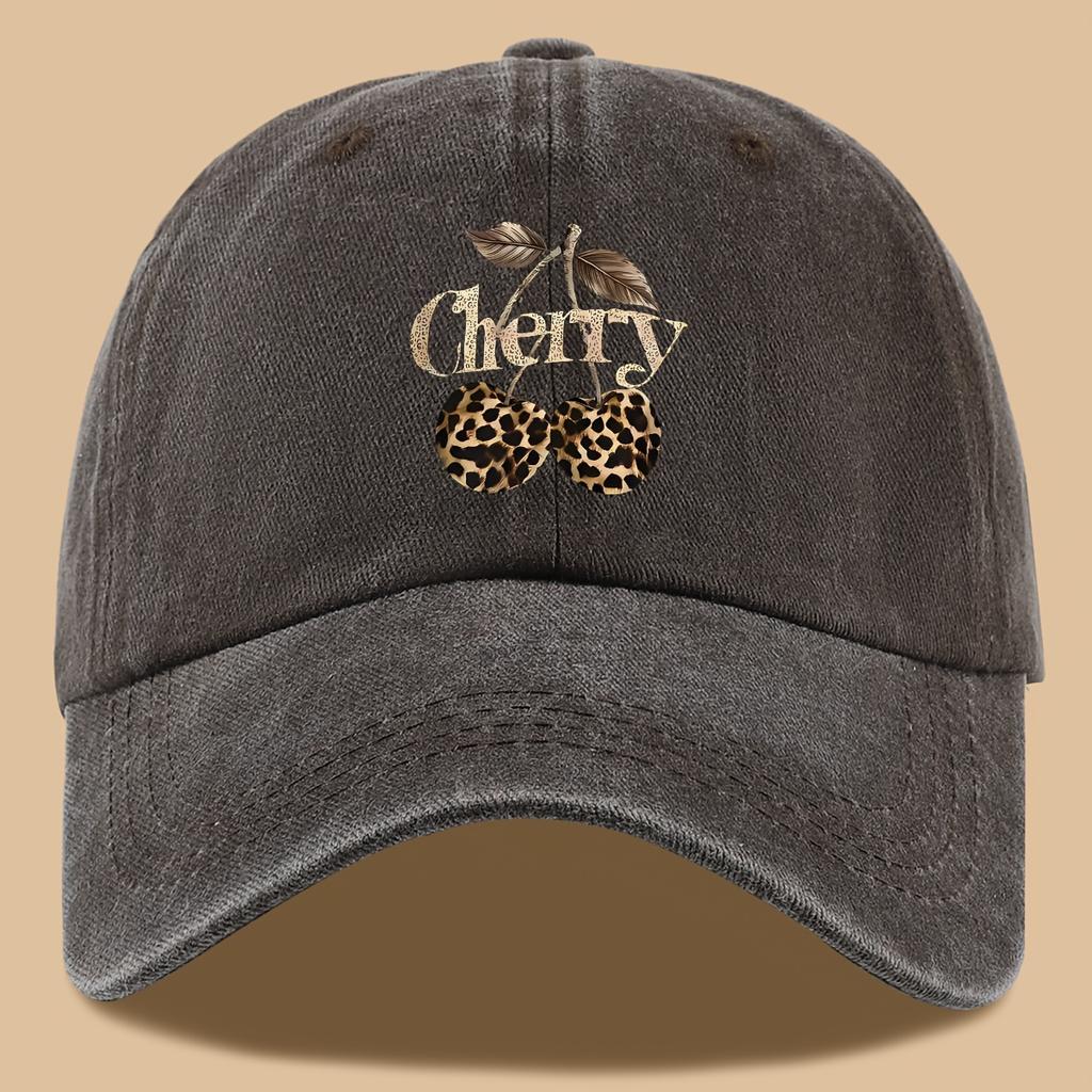 Leopard Print Baseball Cap Cherry Letters Unisex Daily Sun Hat Holiday or Birthday Gift for Cherry Enthusiasts