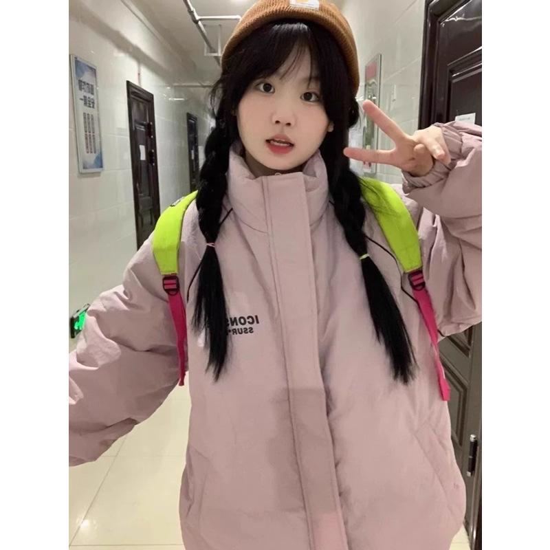 

Women s Pink Stand-Up Collar Puffer Coat - Thickened, Warm, Ins New Student Style with Letter Print XL