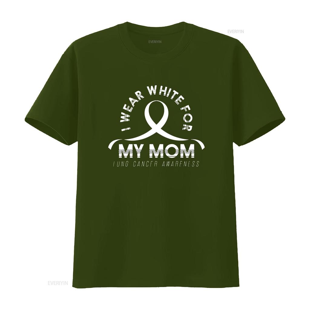 Womens T Shirt I Wear White For My Mom Ribbon Lung Cancer Awareness Black 2XL Vintage Washed Breathable Comfortable Stylish