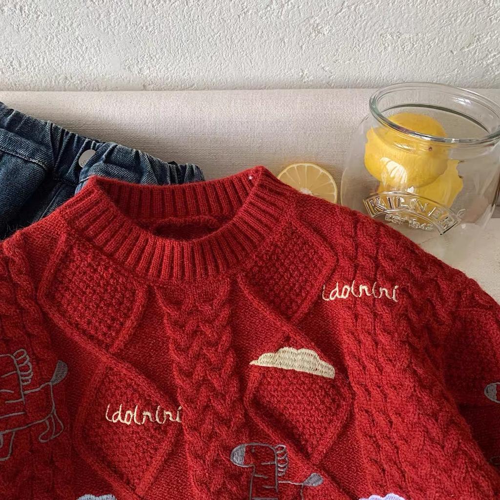 Kids Thick Red Knit Sweater for Boys and Girls Winter Festive Base Layer