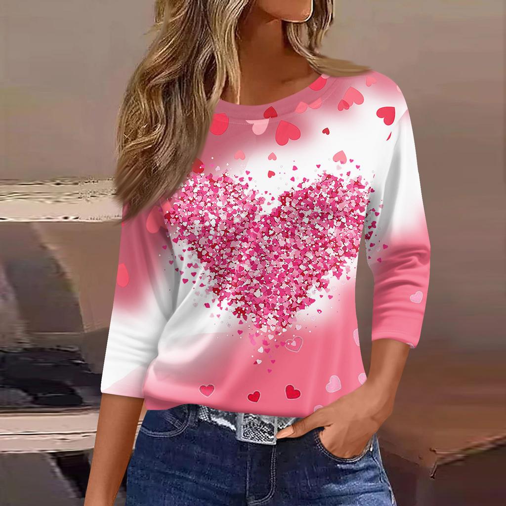 Damenmode Lässiges Rundhals-T-Shirt mit 3/4-Ärmeln und lockerem Aufdruck