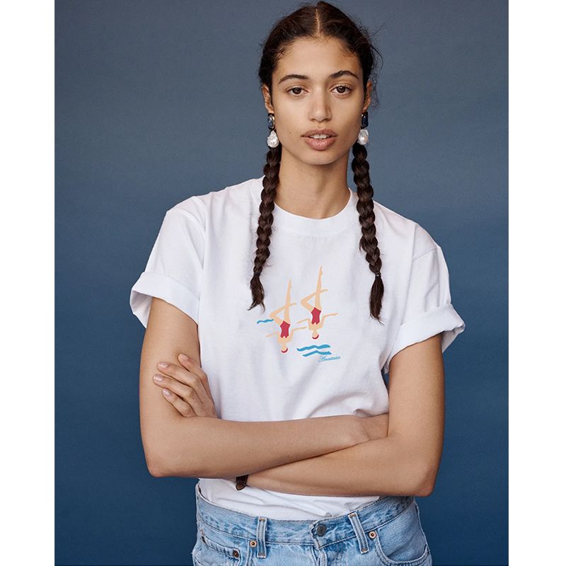 Niche Sense Vingate American Vintage Sports Double Diving Swimming Illustration Print Short Sleeve T-shirt Women