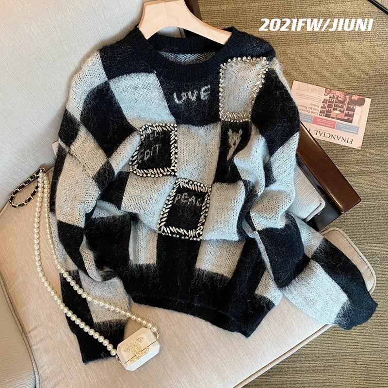 Heavy Industry Checkerboard Sweater Women's Autumn and Winter New Design Sense Niche Retro Lazy Style Top