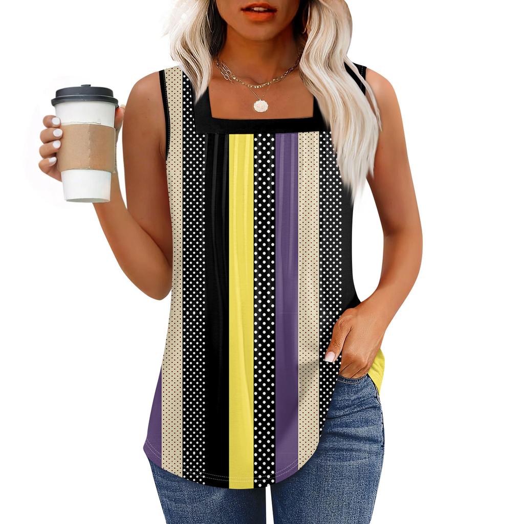 Tank Top für Damen, Sommer-Outfits, ärmellos, bedruckt, Blusen, lässig, lockere Hemden, plissiert, quadratischer Hals