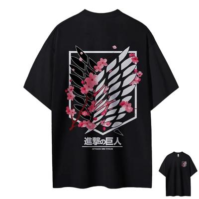 Attack On Titan TShirt Wings of Freedom Pink Cherry Blossom Back Print Unisex Women Cotton Fit Comfort Streetwear