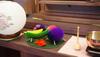 Obon Decoration Set Featuring a Cow and Horse, a Cow (eggplant) and a Horse (cucumber), Ground Cherries, Grapes, Bananas, Strawberries, and a Lotus