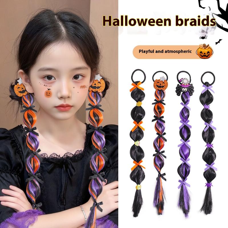 2 Pcs Halloween Fashion Lantern Braid Wig Hair Ties For Girls With Pumpkin And Spider Elements Fun Hair Accessories
