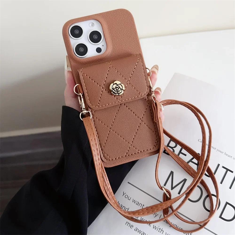 Crossbody Lanyard Phone Case for IPhone 16 Pro Max 15 14 Plus 13 12 11 XS XR X Card Holder Wallet Shockproof PU Leather Cover