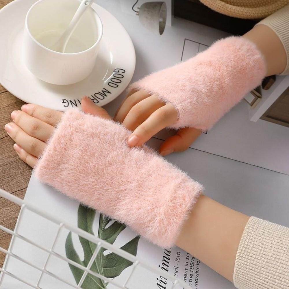 Thick Half Mittens Faux Fur Plush Gloves Protable Fingerless Gloves  for Women Girl
