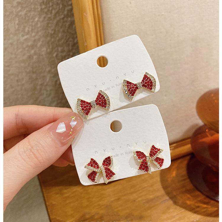 111 silver needle red rhinestone bow earrings, new trendy design high-end stud earrings Internet celebrity earrings