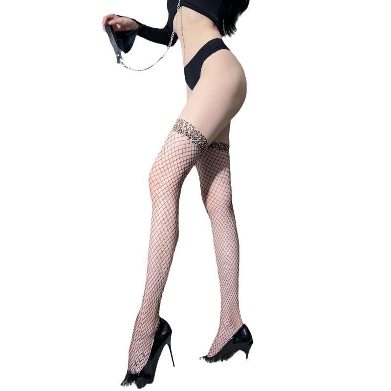 Leopard Print Lace Over-the-Knee Fishnet Stockings - Black Temptation