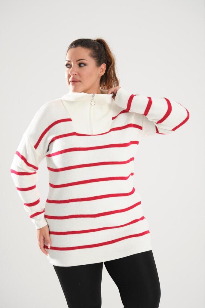 Women's Big Size Blouse Black Zipper Collar Black Striped Knitted Knitwear Plus Size Blouse