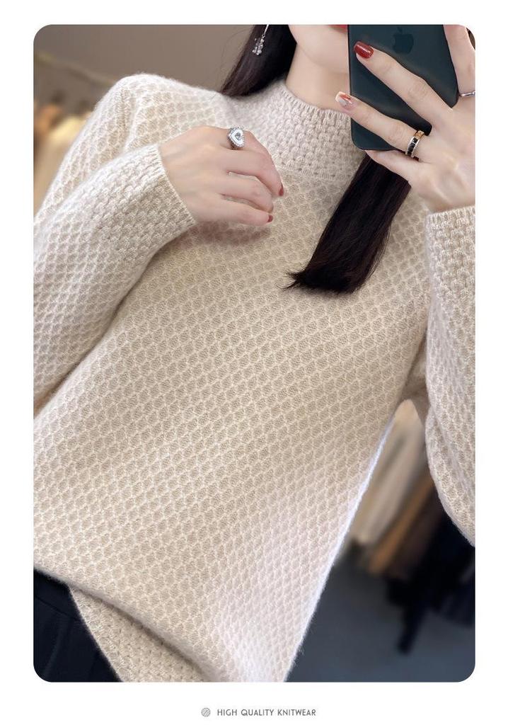 2023 Autumn Women's Cable Knit Sweater, Half-High Collar, Thick Drop Shoulder, Loose Fit, Lazy Style Base Layer
