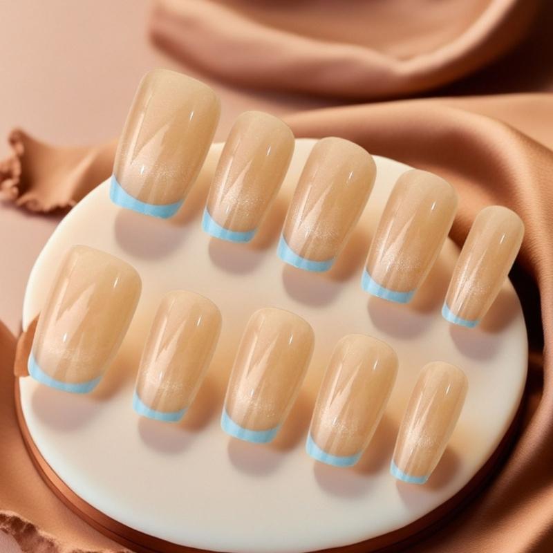 Square Press On Nail Cats Eye Fake Nail with Smile Designs Full Cover Glues On Nail Glossy Acrylic Nail Artificial Nail