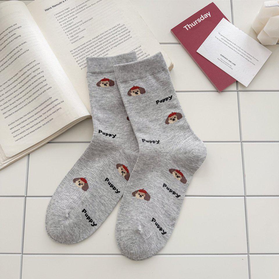 

Women s Striped Seamless Cotton Mid-Calf Socks - Korean Style, Cute Puppy Design, Spring/Autumn. темно-сірий