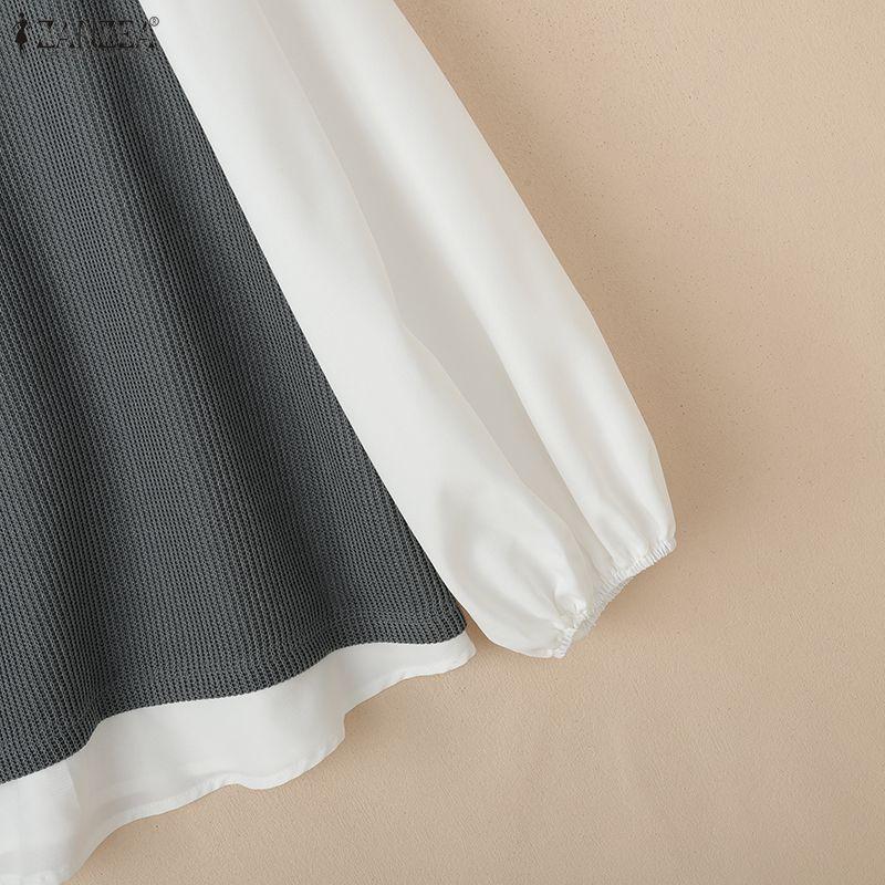 ZANZEA Women Casual Round Neck Long Sleeve Loose Patchwork Blouse