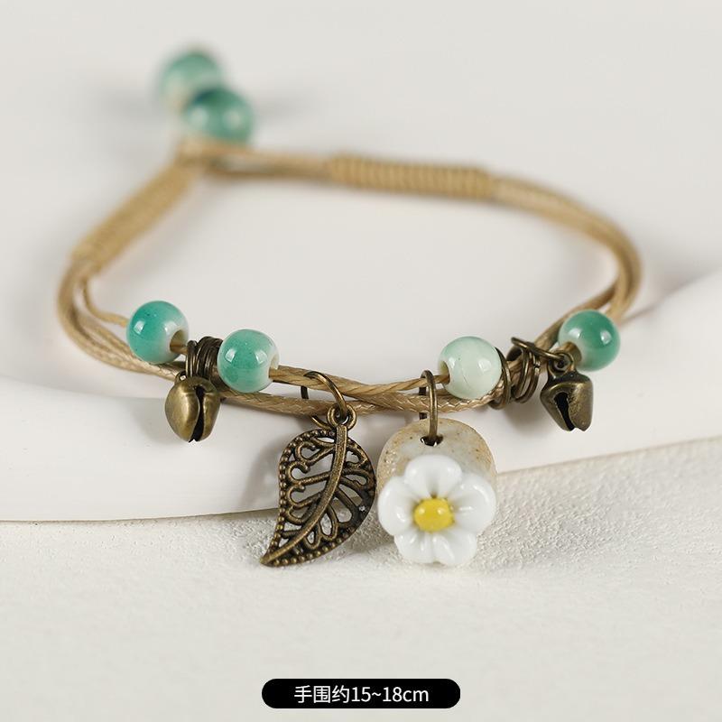 Retro ceramic flower woven bracelet niche literary hand rope small fresh bell bracelet female