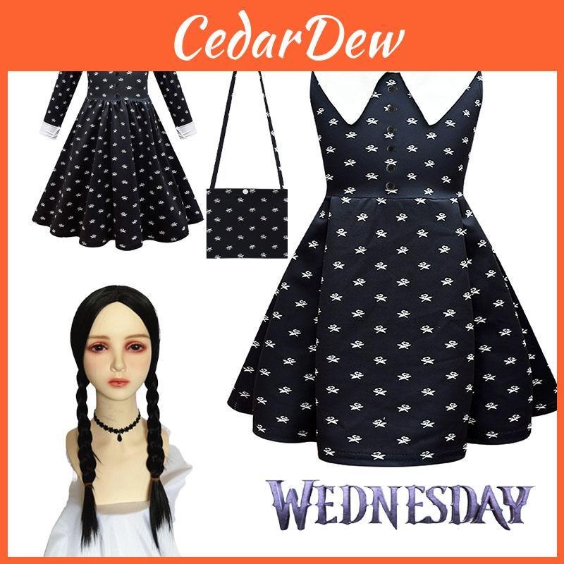 Wednesday Addams Dress Wig Cosplay Costume For Kid Girl Halloween Xmas Party