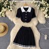 Two 2 Pieces Set for Women Summer Sexy Polo Collar Short Sleeve Buttons Knit Top and Elastic Waist Mini Pleated Skirt Suits