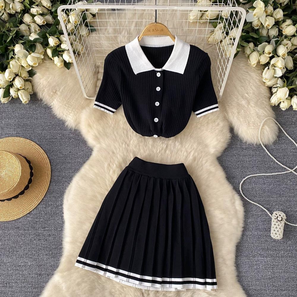 Two 2 Pieces Set for Women Summer Sexy Polo Collar Short Sleeve Buttons Knit Top and Elastic Waist Mini Pleated Skirt Suits
