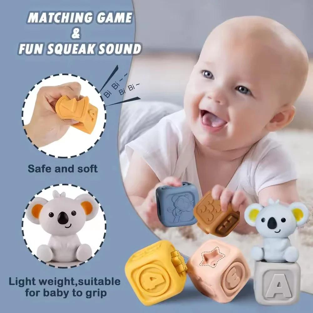 Montessori Educational 3D Block Learning Toys Soft Silicone Cubes Stacking Tower Bath Teether Rattles Children Baby Toy Gifts