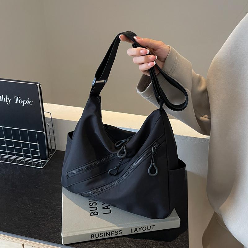 Monochromatic Nylon Crossbody Bag for Women with Double Zipper Decorative Casual Shoulder Bag Elegant