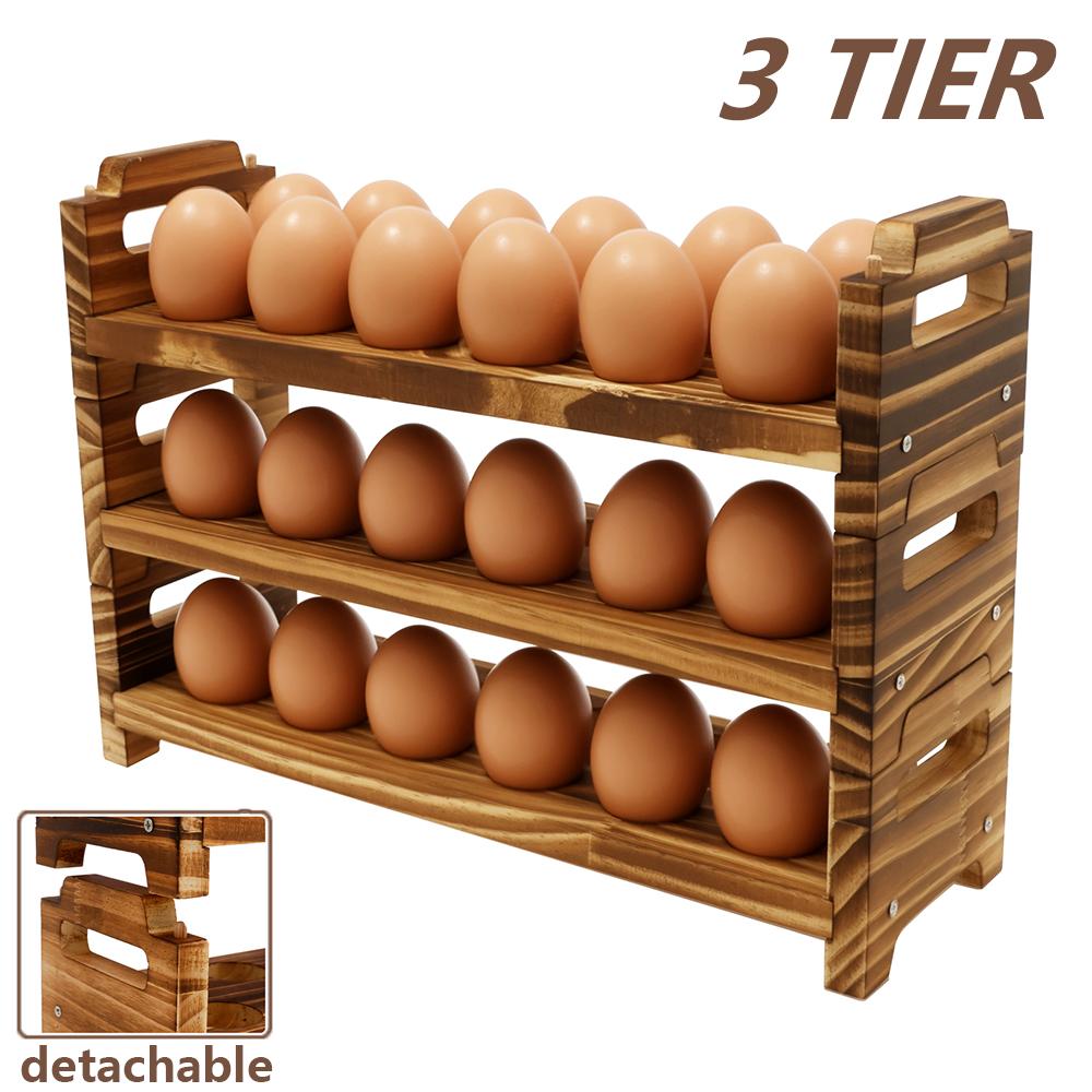 3 Tier Wooden Egg Holder Stackable Kitchen Egg Holder Holding Up to 36 Fresh Egg Countertop Storage Rack for Home Cabinet Fridge