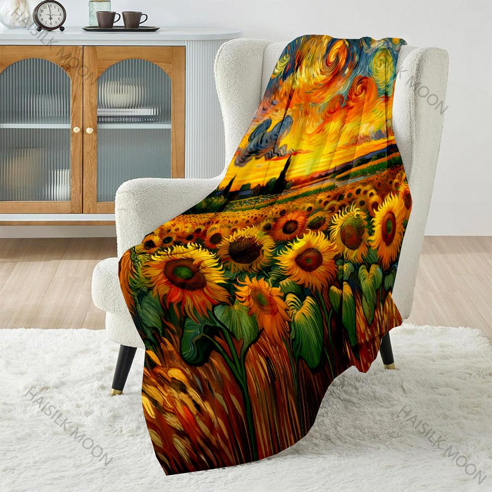 Mehrgrößen Van Gogh's Wirbelnde Sonnenblumen Muster Decke Flanell Material Weich Warm für Alle Jahreszeiten Zuhause Camping Picknicks Wohnmobil